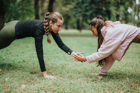 Two women doing partner push-ups together outdoors in a green parkの写真素材