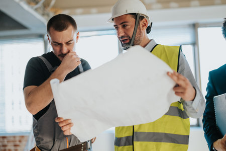 Two construction professionals examining blueprints and discussing plans in a modern building under constructionの写真素材