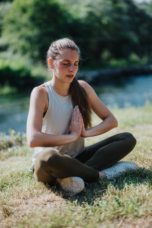 Young woman meditating outdoors near a tranquil riverside settingの写真素材