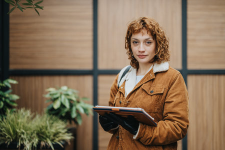 Young woman holding a tablet in an indoor setting with a modern wall and green plants as a backgroundの写真素材