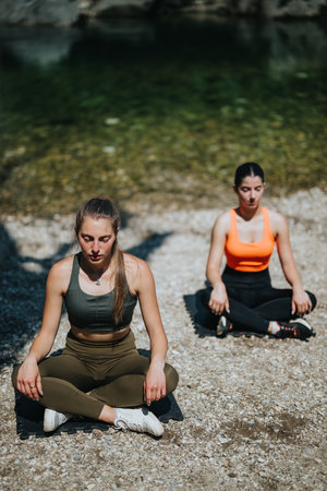 Two women meditating outdoors by a peaceful riverside settingの写真素材