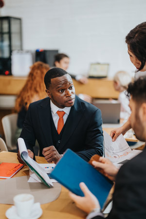 Team discussing business strategies during a co working session at a rustic officeの写真素材