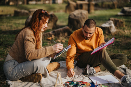 Couple painting together outdoors during a relaxing and creative art sessionの写真素材