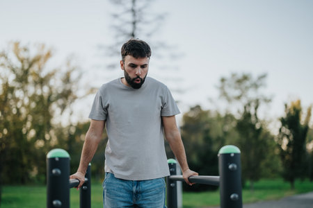 Man exercising outdoors on parallel bars in a peaceful park settingの写真素材
