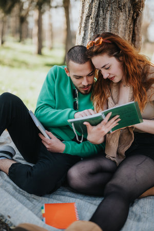 Couple sitting together in a park reading and enjoying the outdoorsの写真素材