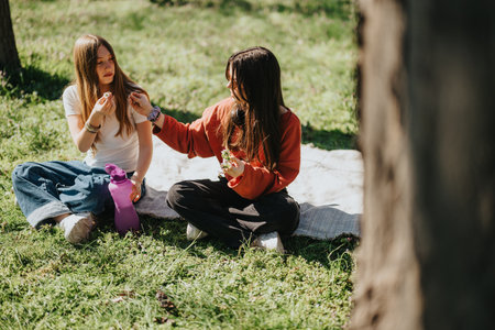 Two friends enjoying a sunny day on a blanket in the park, sharing a moment of laughter and connection surrounded by greeneryの写真素材