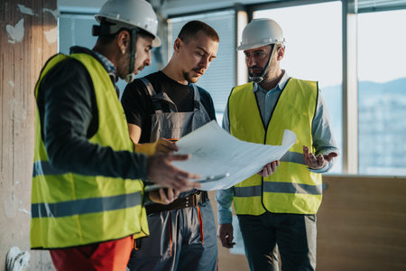 Construction team discussing blueprints on-site wearing safety vestsの写真素材