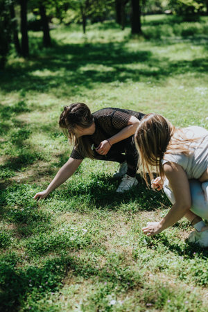 Two friends enjoying a sunny day outdoor exploring a lush park togetherの写真素材