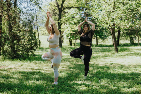 Two friends practicing yoga in a serene park setting enjoying nature and relaxationの写真素材