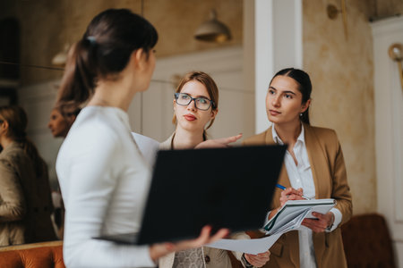 Professional Women Collaborating on a Project in a Modern Office Settingの写真素材
