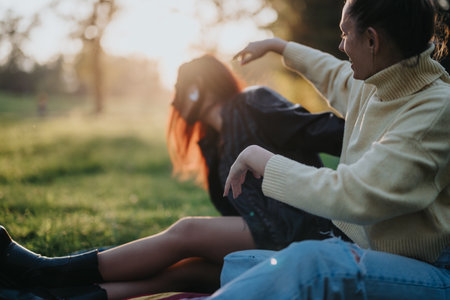 Two friends enjoying a relaxing day in a sunlit park settingの写真素材