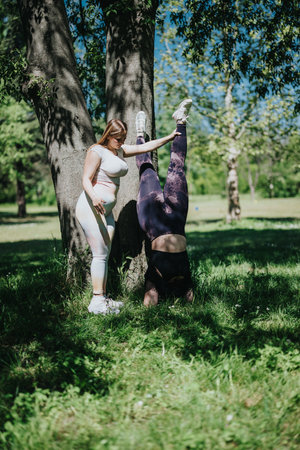 Two Women Engaged in a Fitness Routine Outdoors to Cut Weightの写真素材