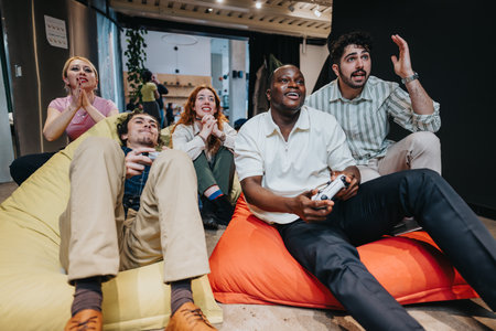 Group of colleagues enjoying video games together in a vibrant living settingの写真素材