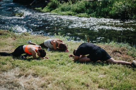 Group practicing yoga stretches outdoors by a calm river on a sunny dayの写真素材