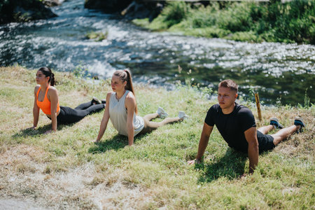 Group practicing yoga poses outdoors by a scenic riverside on a sunny dayの写真素材