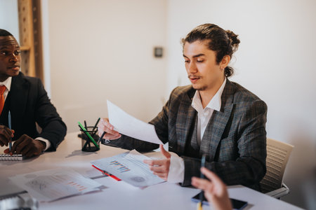 Professional team engaged in a business meeting discussing documentsの写真素材
