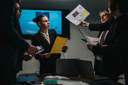 Professional business team analyzing documents during an office meetingの写真素材