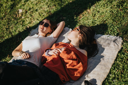 Two friends relaxing together in a sunny park setting