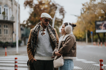 Young couple having a conversation on a chilly autumn day outdoorsの写真素材