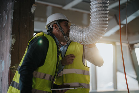 Construction workers inspecting air duct installation at building siteの写真素材