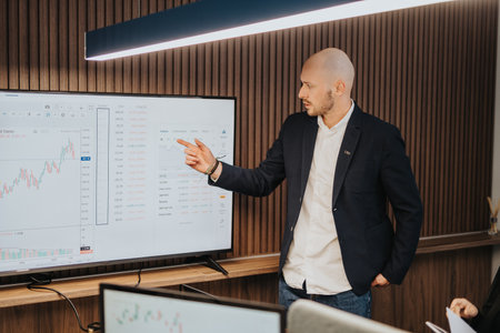 Professional businessman presenting financial data on a screen in a modern office settingの写真素材