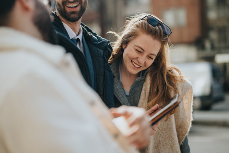 Group of friends enjoying a sunny day outdoors, laughing and connectingの写真素材