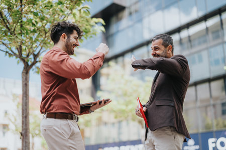 Two cheerful men exchanging a friendly gesture outdoors near modern office buildingsの写真素材