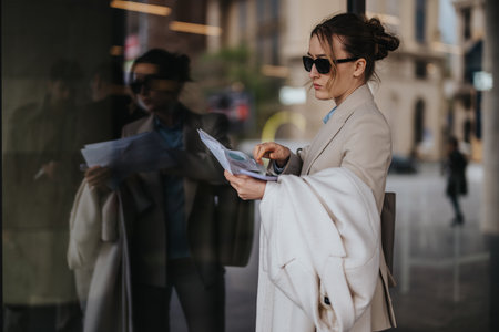 Stylish woman reviewing documents while wearing sunglasses in an urban settingの写真素材