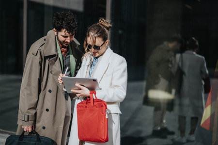 Two people reviewing content on a tablet outdoors in an urban environment
