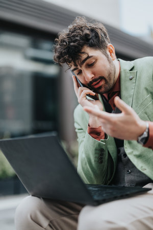 Man in green jacket working and talking on the phone outdoorsの写真素材