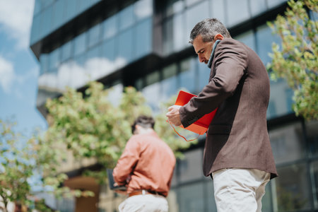 Businessman talking on a phone and writing in a notebook outdoorsの写真素材