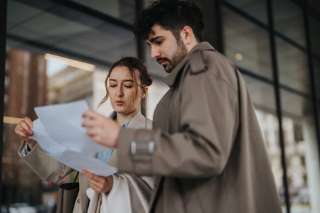 Two individuals inspecting a document while standing in a modern urban setting.の写真素材