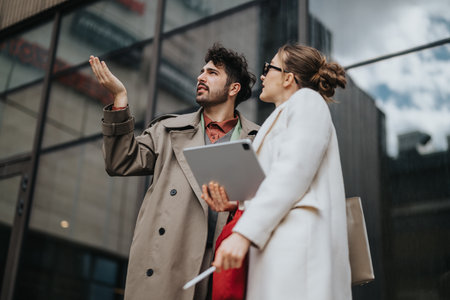 Professional teamwork discussion with colleagues outside modern office buildingの写真素材