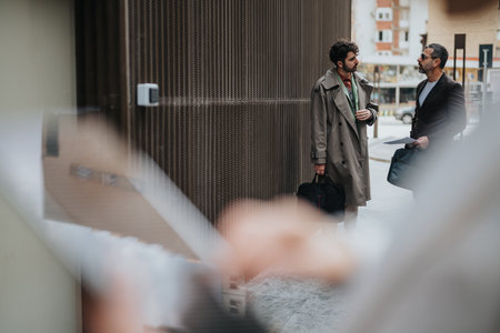 Two people engaged in conversation outdoors holding bagsの写真素材