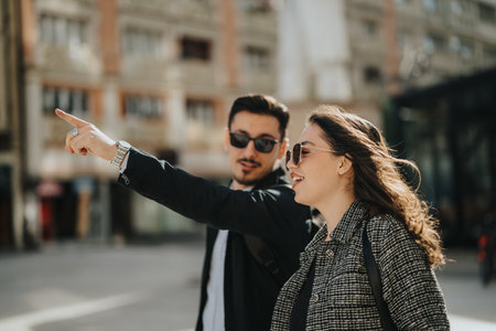 Business colleagues exploring urban environment on sunny dayの写真素材