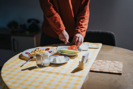Young person preparing a meal at a table with breakfast dishesの写真素材
