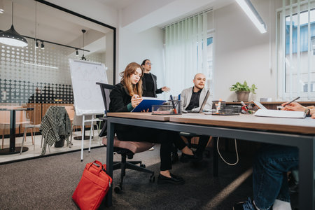 Colleagues collaborating in a modern office space with informal working interactions and a focus on teamwork and productivity.の写真素材
