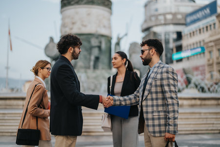 Business people shaking hands during outdoor meeting in cityの写真素材