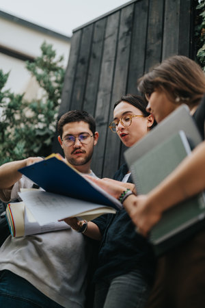 High school students collaborating on homework assignments outdoorsの写真素材
