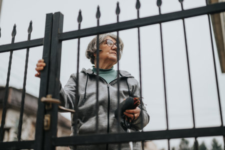 Elderly woman holding a key while standing at an iron gate outdoorsの写真素材