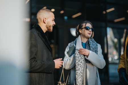 Young professionals discussing ideas in an urban outdoor settingの写真素材