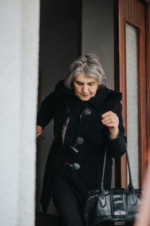 Elderly woman in a black coat stepping out of a doorway on a cloudy dayの写真素材