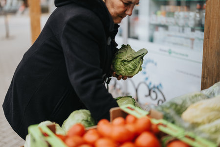 Senior Woman Choosing Fresh Vegetables at an Outdoor Farmers Marketの写真素材