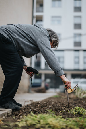 Elderly woman gardening in urban setting wearing casual clothingの写真素材