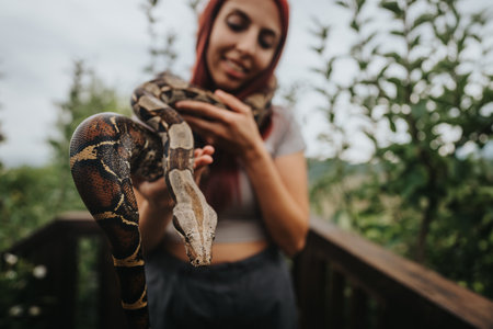 Girl holding a snake in lush green outdoor settingの写真素材