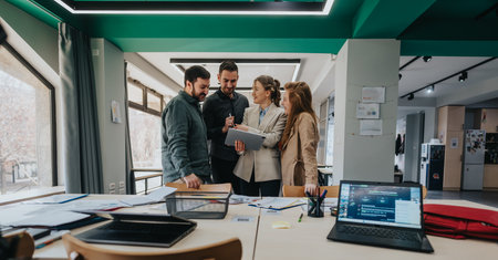 Team discussing a project using a tablet in a modern collaborative workspaceの写真素材