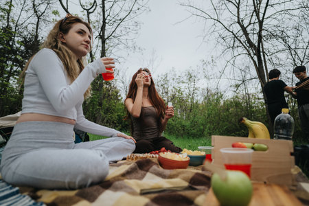 Friends enjoying a picnic outdoors surrounded by nature and foodの写真素材