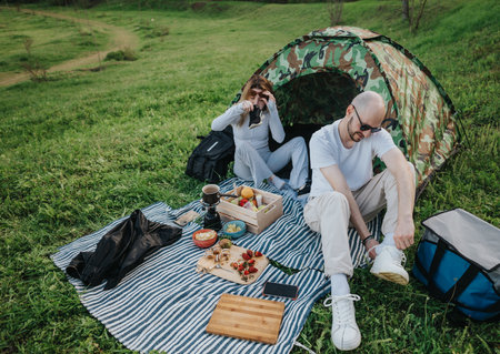 Couple enjoying a relaxing picnic with a tent in a scenic meadowの写真素材