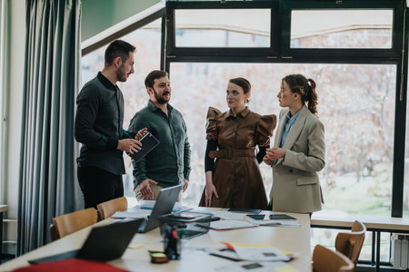 Group discussing business ideas in a modern office setting with laptopsの写真素材