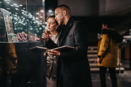Young professionals discussing display artifacts at a museum exhibitionの写真素材